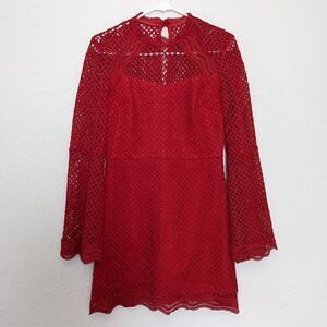 Women's Aqua Eyelet Mini Dress Red Bell Sleeve Geometric Lace Small Mock Neck